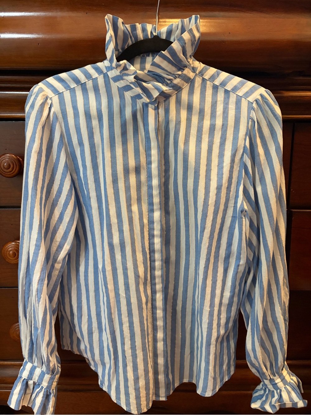 Striped Blue & White Ruffle Collar Button-Down Shirt